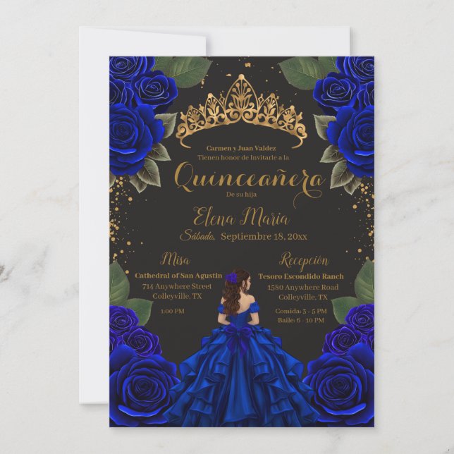 Convite Rosas de Quinceañera Azul Elegante com brilho Dour (Frente)
