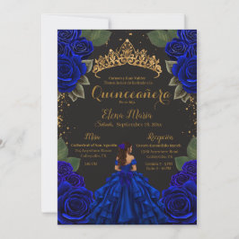 Convite Rosas de Quinceañera Azul Elegante com brilho Dour