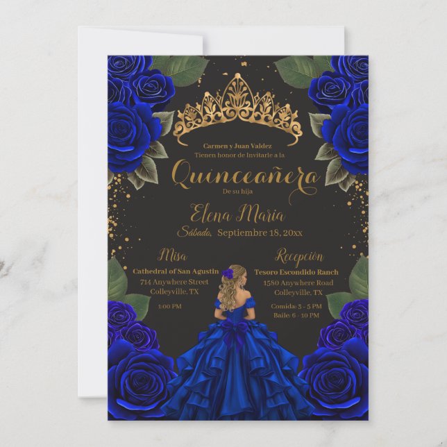 Convite Rosas de Quinceañera Azul Elegante com brilho Dour (Frente)
