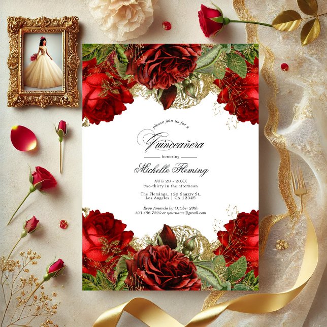 Convite Rosas de Quinceañera, vermelho e Dourado (Red and Gold Vintage Roses Quinceañera Photo Invitation)
