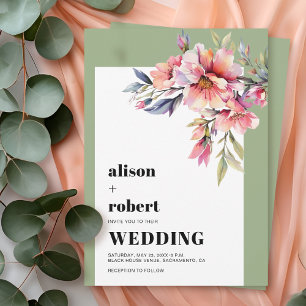 Convite Rosas de rododendro rosa pêssego casamento verde s