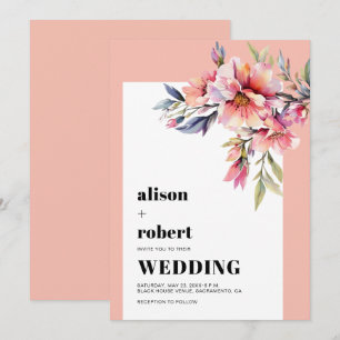 Convite Rosas de rododendro rosa pêssego casamento verde s