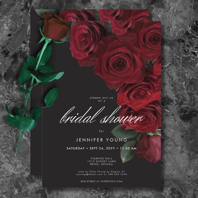 Convite Rosas de sangue legante Chá de panela floral (Elegant Moody Blood Roses Floral Bridal Shower Invitation)