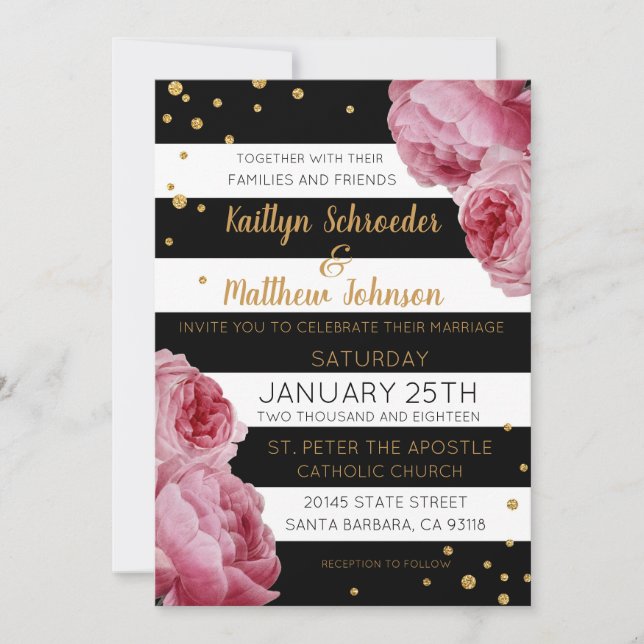 Convite Rosas de Stripe e Casamento Moderno de Pontos Bril (Frente)