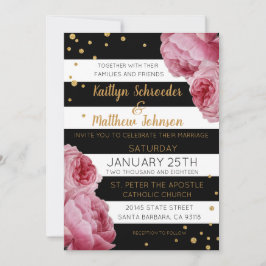 Convite Rosas de Stripe e Casamento Moderno de Pontos Bril