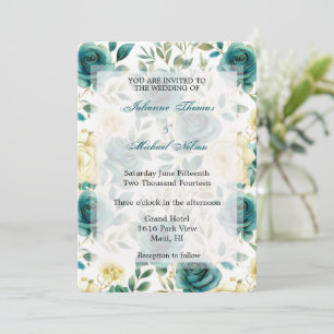 Convite Rosas de Teal Romântica Casamento Floral