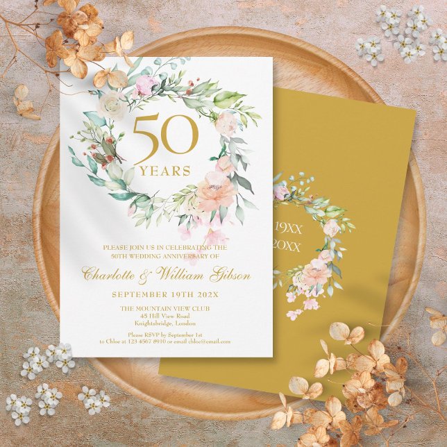 Convite Rosas de Verão Doce Garland 50º Aniversário (Sweet Summer Roses Garland 50th Anniversary Invitation)