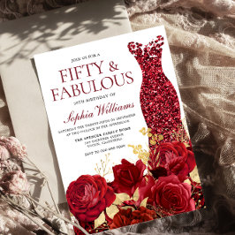 Convite Rosas de Vestido Vermelho Sparkle Dourado Folha 50
