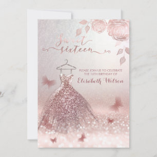 Convite Rosas de vestimenta de ouro-Rosa romântico Invitat