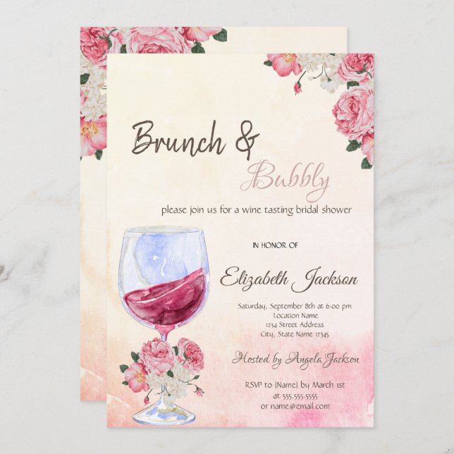 Convite Rosas De Vidro De Vinho Chá de panela De Aquarela (Frente/Verso)