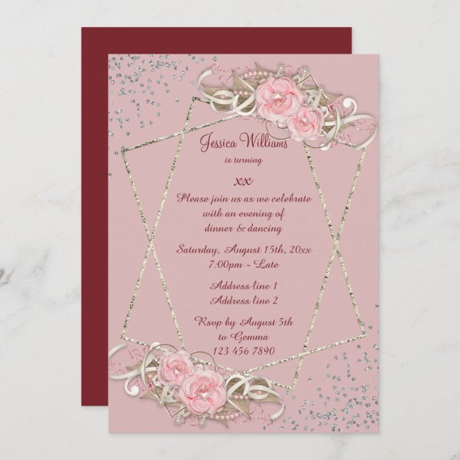 Convite Rosas decorativos, Aniversário da Mulher Espartosa (Frente/Verso)