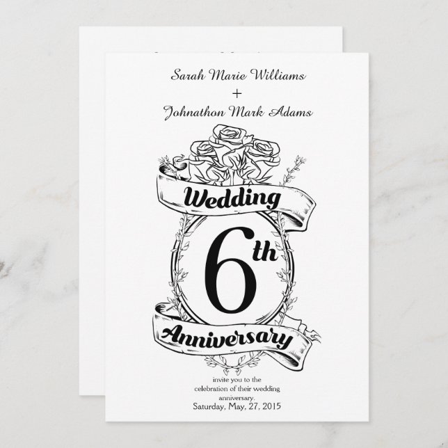 Convite Rosas do 6º Aniversário de Casamento (Frente/Verso)