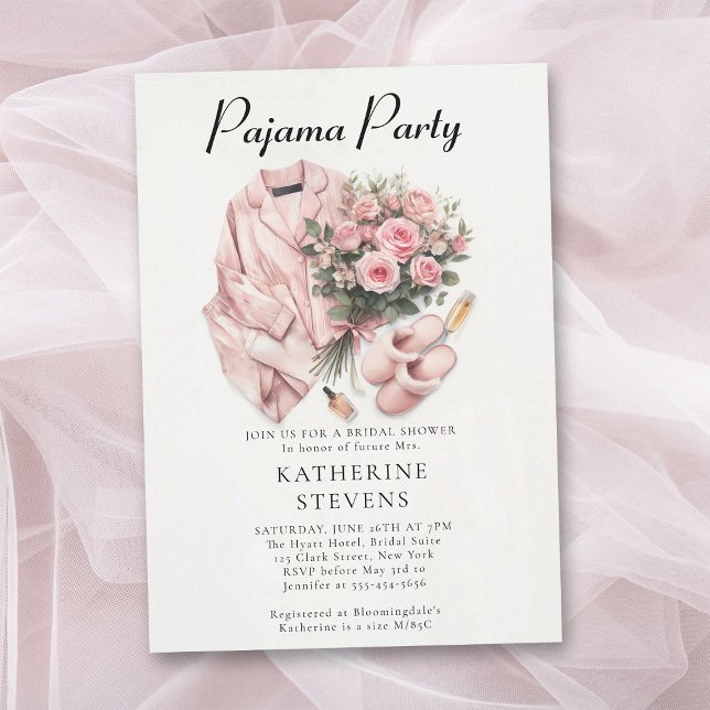 Convite Rosas do pijama Chá de panela de champanhe do part (pajama party bridal shower pj slumber sleepover champagne roses watercolor pink elegant classy)