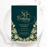 Convite Rosas Dourada aniversário de 30 anos Emerald Green<br><div class="desc">Convite de festas elegante aniversário de 30 anos de ouro verde-esmeralda. Design clássico com rosas, folha de ouro falsa e letra de script de tipografia. A Trendy convida o cartão perfeito para uma festa de na moda. Personalize com seus próprios detalhes. Pode ser personalizado para qualquer idade. Impressos convites Zazzle...</div>