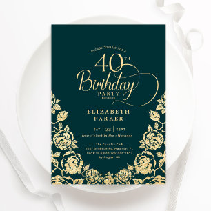 Convite Rosas Dourada aniversário de 40 anos Emerald Green