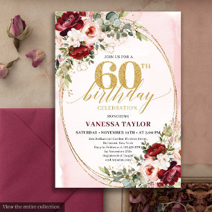 Convite Rosas Douradas Boho Românticas de Burgundy para 60