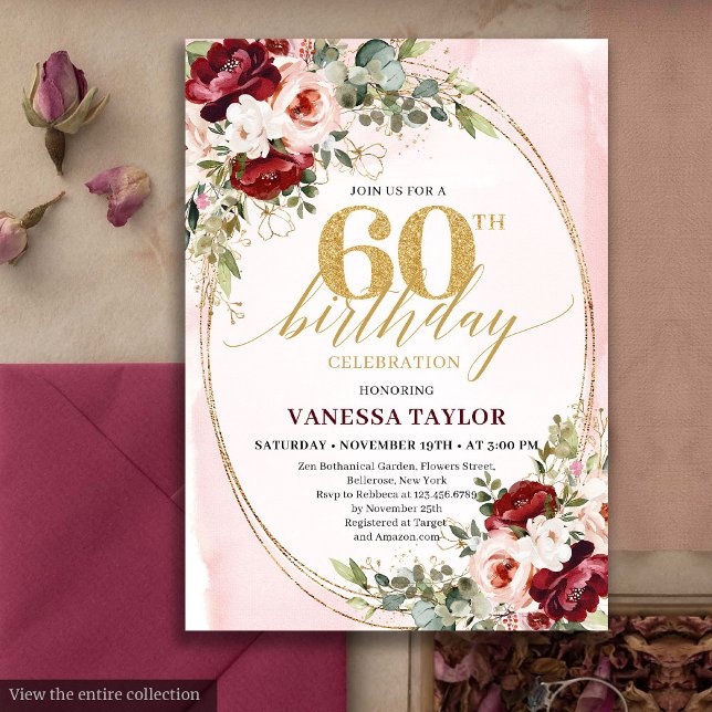 Convite Rosas Douradas Boho Românticas de Burgundy para 60 (Romantic Boho Burgundy Gold Roses 60th Birthday)