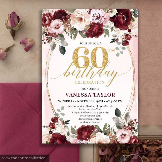 Convite Rosas Douradas Boho Rústico Burgundy 60º Aniversár (Rustic Boho Burgundy Gold Roses 60th Birthday)