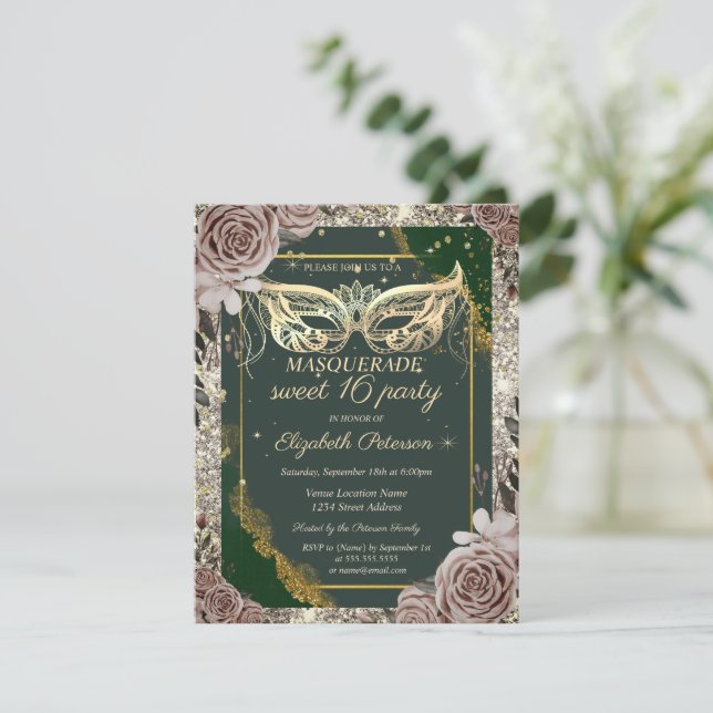 Convite Rosas Douradas de Mascarada Brilho Verde Doce 16  (Em pé/Frente)