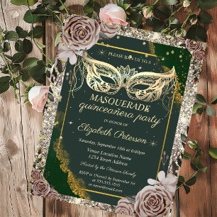 Convite Rosas Douradas de Mascarada Brilho Verde Quinceañe