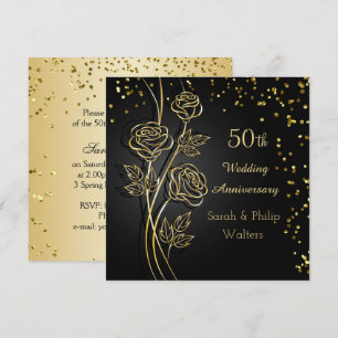 Convite Rosas douradas em preto, confetes Aniversário de 5