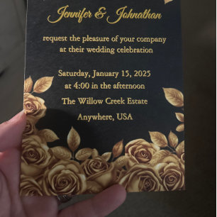 Convite Rosas Douradas Fundo Personalizado Casamento