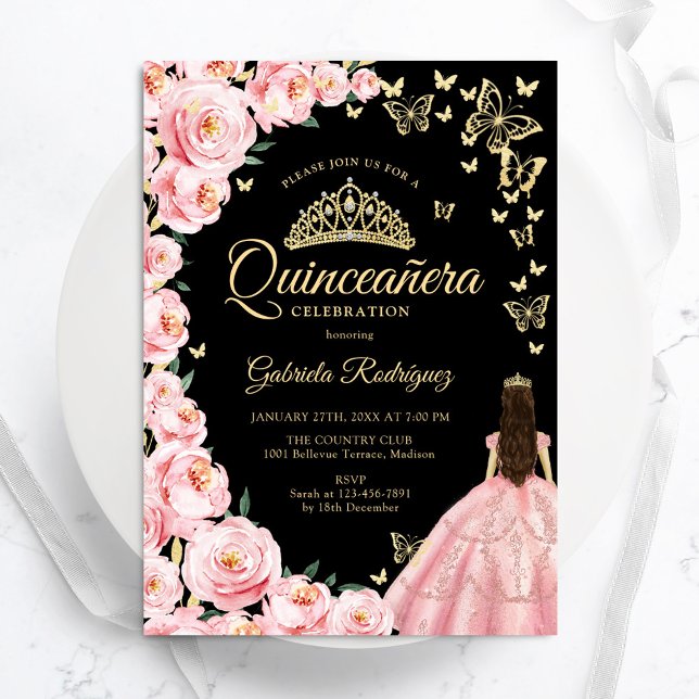 Convite Rosas Douradas Negras Borboletas Quinceanera (Criador carregado)