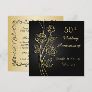 Convite Rosas douradas no 50º aniversário preto