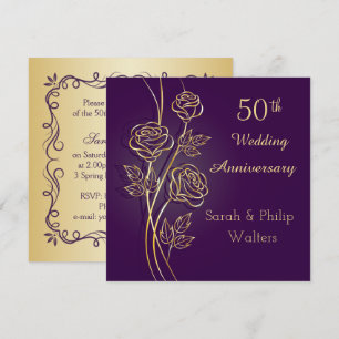 Convite Rosas douradas no 50º aniversário roxo