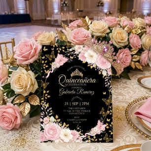 Convite Rosas Douradas Rosa e Preto Quinceañera