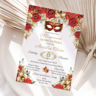 Convite Rosas Douradas Vermelhas Baile de Máscaras Floral