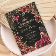 Rosas Douradas Vermelhas e Pretas Quinceañera Tiar