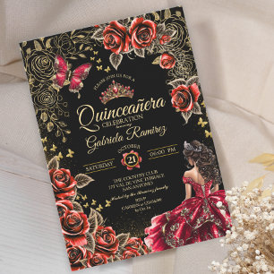Convite Rosas Douradas Vermelhas e Pretas Tiara Quinceañer
