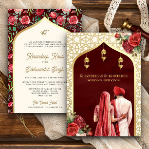 Convite Rosas Douradas Vermelhas Florais Anand Karaj Casam