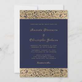 Convite Rosas Dourado Floral Azul Marinho Elegante Casamen