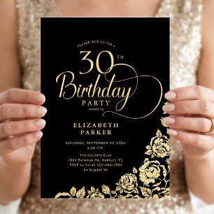 Convite Rosas Dourados aniversário de 30 anos preto Elegan