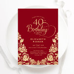 Convite Rosas Dourados aniversário de 40 anos<br><div class="desc">Convite de festas aniversário de 40 anos de ouro vermelho elegante. Design clássico com rosas, folha de ouro falsa e letra de script de tipografia. A Trendy convida o cartão perfeito para uma festa de na moda. Personalize com seus próprios detalhes. Pode ser personalizado para qualquer idade. Impressos convites Zazzle...</div>