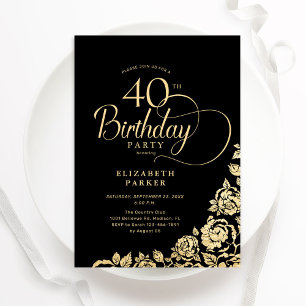 Convite Rosas Dourados aniversário de 40 anos preto Elegan