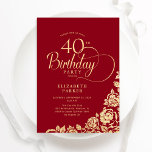 Convite Rosas Dourados aniversário de 40 anos Vermelho Ele<br><div class="desc">Convite de festas simples e elegante em vermelho e ouro. Design clássico com rosas, folha de ouro falsa e letra de script de tipografia. A Trendy convida o cartão perfeito para uma festa de na moda. Personalize com seus próprios detalhes. Pode ser personalizado para qualquer idade. Impressos convites Zazzle ou...</div>