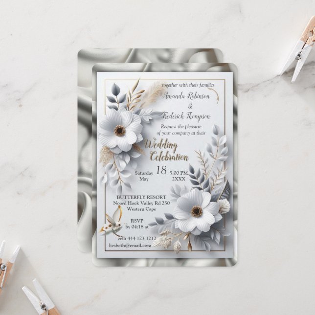 Convite Rosas Dourados brancos, Seda de Champanhe e Borbol (Frente/Verso In Situ)