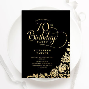 Convite Rosas Dourados de Aniversário, 70, Elegante Simple