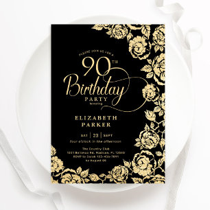 Convite Rosas Dourados de Aniversário 90 Elegante