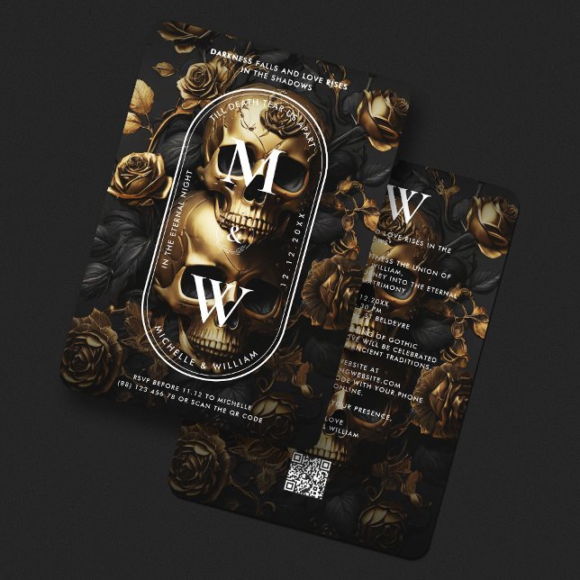 Convite Rosas Dourados de Caveira Pretos de Casamento Góti (Luxury Gothic Wedding Black Gold Skull Roses Invitation
)