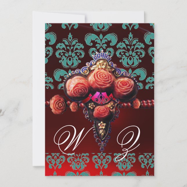 Convite ROSAS Dourados DE CORAL VERMELHO, MONOGRAMA AZUL N (Frente)