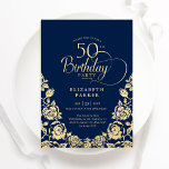 Convite rosas Dourados do Marinho de aniversário de 50 ano<br><div class="desc">Marinho de ouro azul elegante 50º convite de aniversário. Design clássico com rosas, folha de ouro falsa e letra de script de tipografia. A Trendy convida o cartão perfeito para uma festa de na moda. Personalize com seus próprios detalhes. Pode ser personalizado para qualquer idade. Impressos convites Zazzle ou modelo...</div>