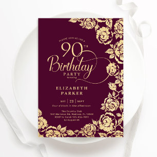 Convite Rosas Dourados Elegante 90 Birthday Burgundy