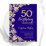 Convite Rosas Dourados Elegantes 50º aniversário<br><div class="desc">Convite de aniversário Floral Dourado roxo 50º. Design elegante com rosas,  folha de ouro falsa e letra de script de tipografia. A Trendy convida o cartão perfeito para uma festa de na moda. Pode ser personalizado para qualquer idade. Impressos convites Zazzle ou modelo de impressão digital instantânea para download.</div>