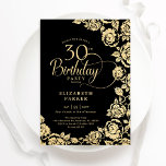 Convite Rosas Dourados Elegantes aniversário de 30 anos<br><div class="desc">Convite de festas aniversário de 30 anos floral de ouro preto. Design elegante com rosas, folha de ouro falsa e letra de script de tipografia. A Trendy convida o cartão perfeito para uma festa de na moda. Pode ser personalizado para qualquer idade. Personalize com seus próprios detalhes. Impressos convites Zazzle...</div>