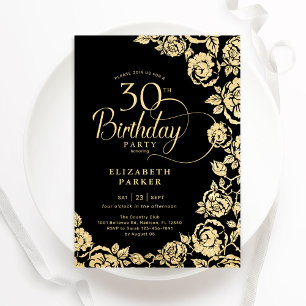 Convite Rosas Dourados Elegantes aniversário de 30 anos