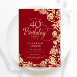 Convite Rosas Dourados Elegantes aniversário de 40 anos<br><div class="desc">Convite de festas de aniversário de 40 anos floral de ouro vermelho. Design elegante com rosas, folha de ouro falsa e letra de script de tipografia. A Trendy convida o cartão perfeito para uma festa de na moda. Pode ser personalizado para qualquer idade. Personalize com seus próprios detalhes. Impressos convites...</div>